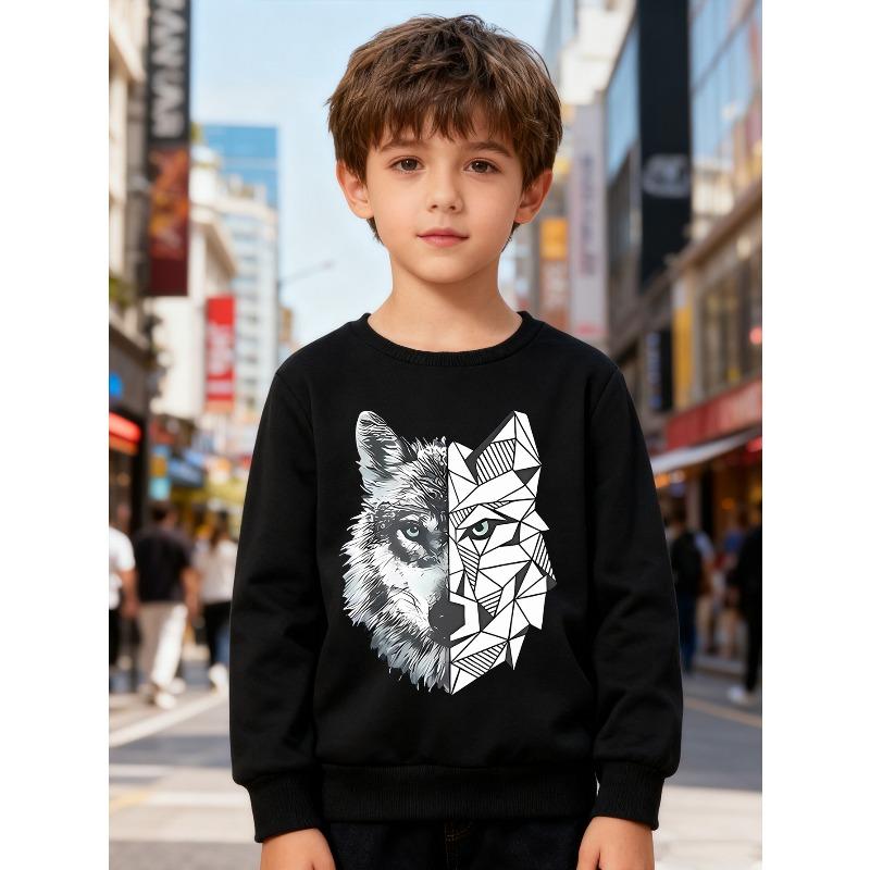 European sizes Kids' Round Neck Pullover, Long-Sleeved Top , Featuring Cool Prints, Suitable for Daily Casual Wear And Outdoor Activities