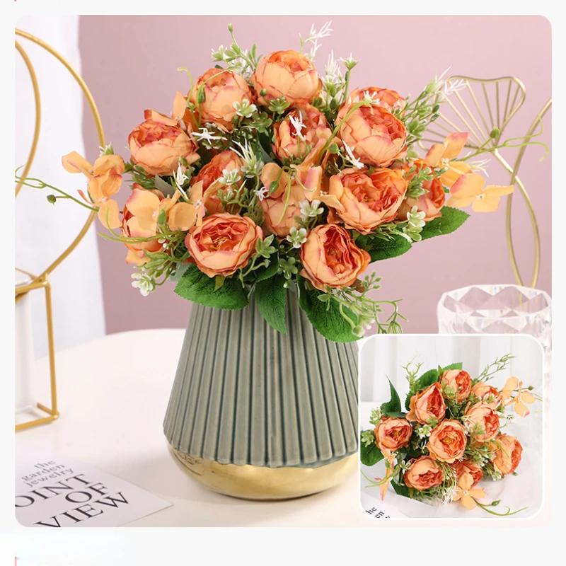 Green Aloes 2pcs Orange Horn Rose Peonies Bouquet Artificial Flowers Simulation Perfume Peony Silk Fake Flower Office Decoration