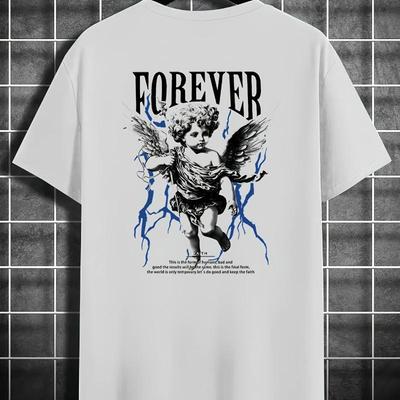 Forever Angel T-Shirt mit Lightning-Text-Print, Leichtes Sommer-T-Shirt Atmungsaktiv Kühl, Bequemes Tragen