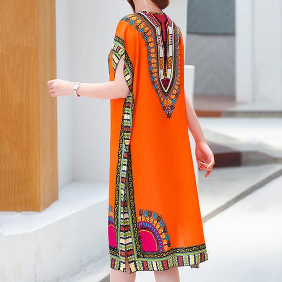 Women Dress Ethnic Style Round Neck Print Contrast Color Geometric Printing Pullover Loose Short Sleeves Midi Dress Women Clothes