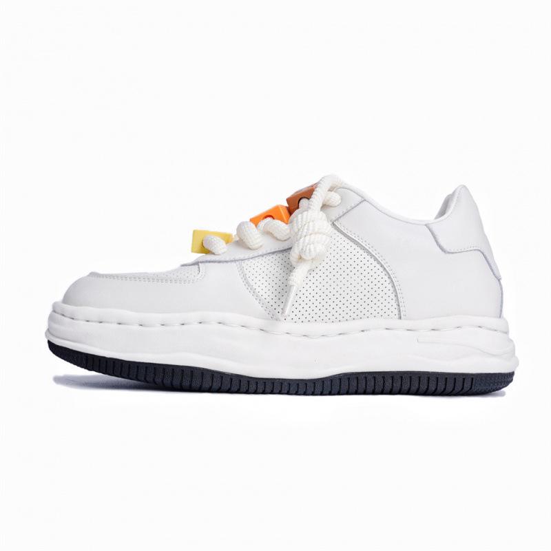 Unisex White Genuine Leather Height-Increasing Popcorn Sole Casual Sports Shoes 37