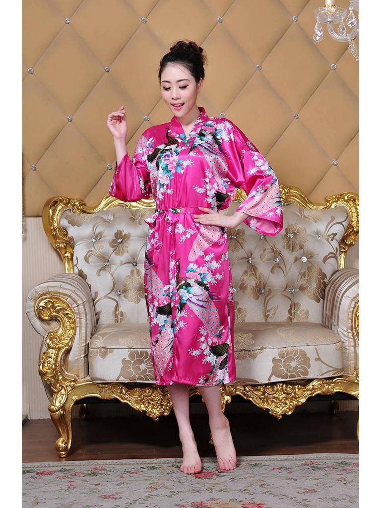 Women's Summer Peacock Pajamas Bathrobe - Thin Imitation Silk Long Tie Cardigan