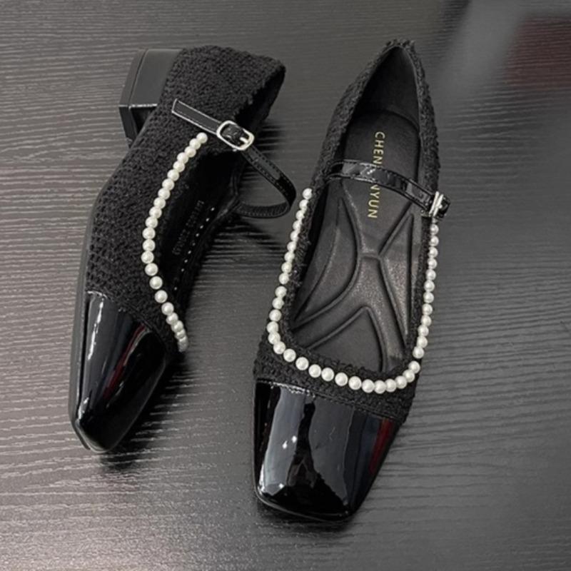 Fashion Women's Thick Heel Shoes Spring New Square Head Shallow Mouth Splicing Bead Non-slip Low-top Shoes