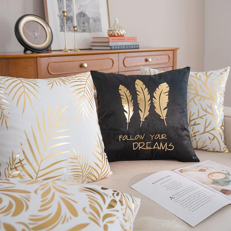 Short Plush Golden Leaf Sofa Cushion Cover, Retro Light Luxury Living Room Bedside Pillow Cover, Hot Stamping Pillow Cover
