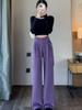 Meilade Autumn Winter Chinese Style Pao Kuao Fleece-Lined Sherniel Wide Leg Pants Women High Waist Drop Crotch Straight Leg Casual Trousers