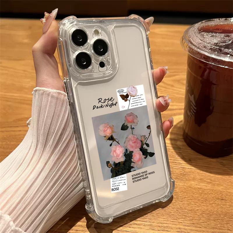 Case For iPhone 16 15 14 13 12 11 Pro Max 7 8 15 16 Plus X XR XS Max SE Cute Rose Flower Transparent Silicone Soft Cover