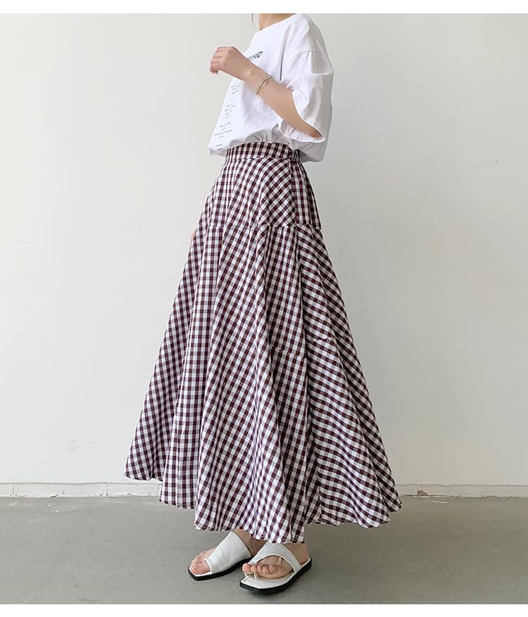 Long Frill High Checkered Elastic Office Multiple Colors [JINJUDUO] Women's A-Line Skirt, Waist, Pattern, Waistband, 100% Cotton, Cute, Casual,