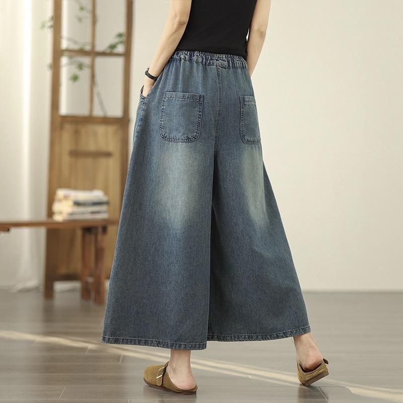 Plus Size Thin Vintage Embroidery Animal Floral High Waist Casual Loose Women Summer Jeans Denim Wide Leg Pants