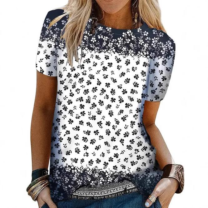 Sommer Rundhals 3D-Druck Blumenmuster Top Modische Lässige Kurzarm Damen T-Shirts