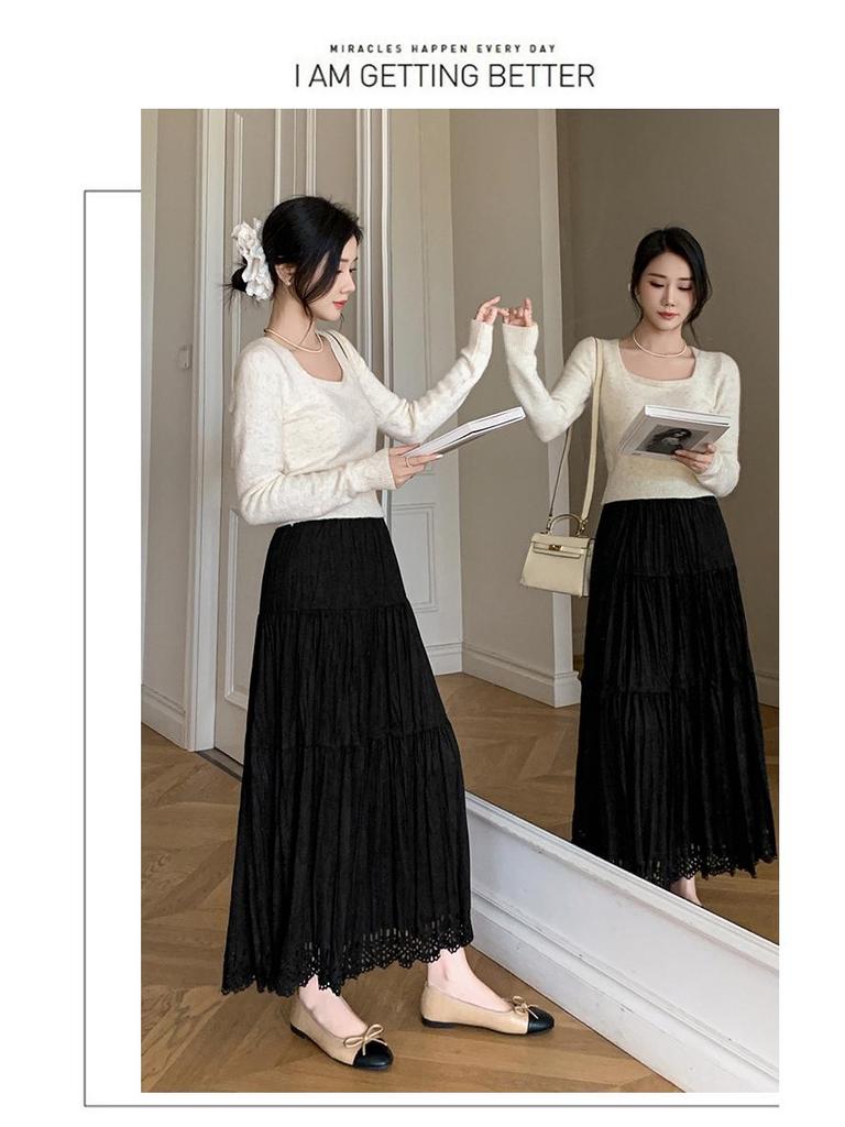 Pleated Suede Velvet A-line Skirt with Elastic High Waist