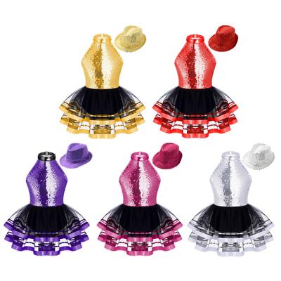 Complete Girls Dance Performance Set: Sparkling Sequin Halter Tutu Dress with Hat, Sleeveless Backless for Stage Show