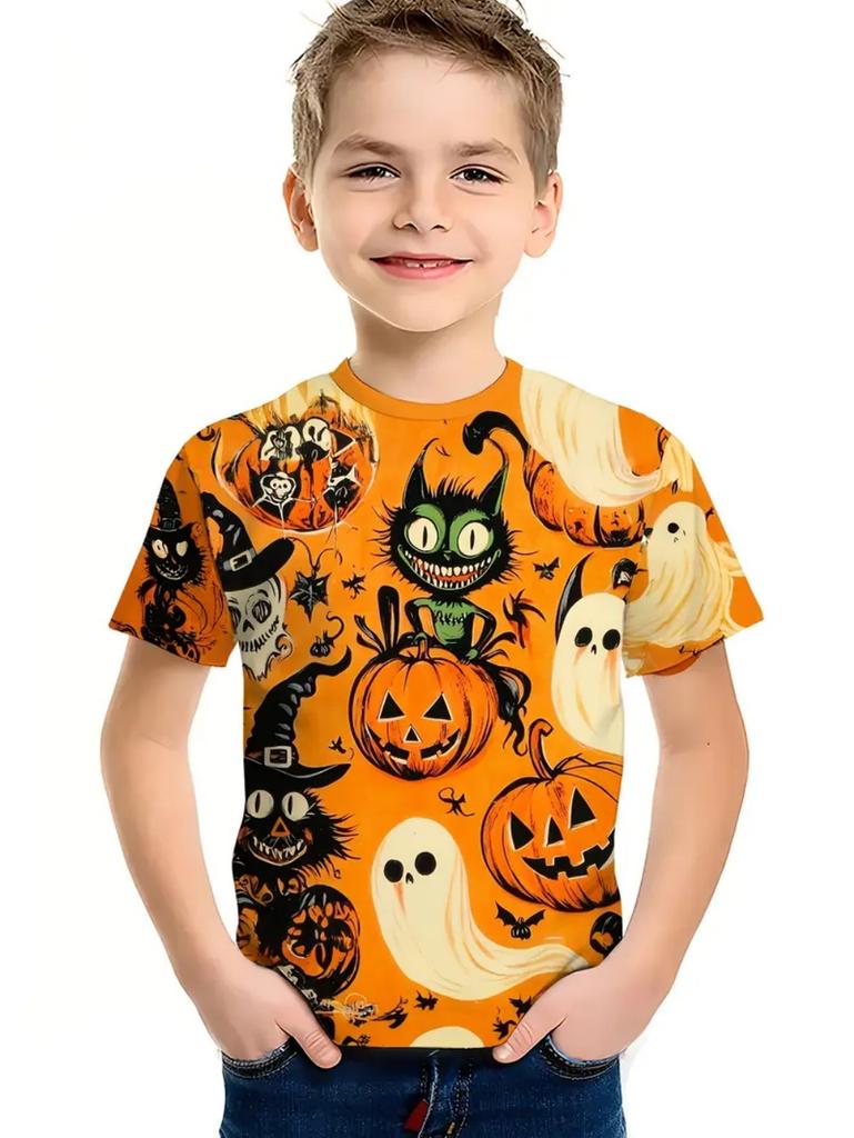 Halloween Kids Clothes Cute Pumpkin Spooky Leaves 3D Print Casual O-Neck Short Sleeve Quick-Dry Boy T-Shirts for Children