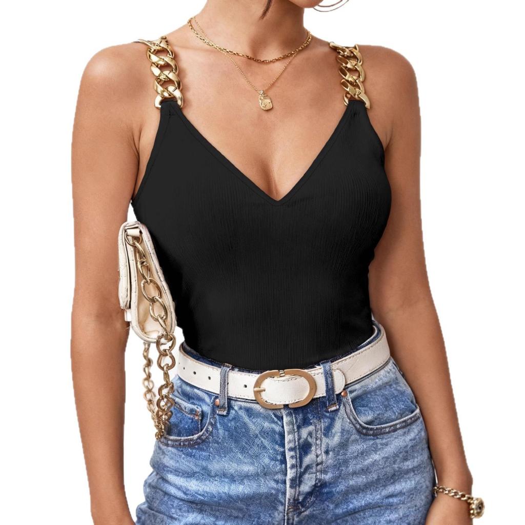 Women's Sexy V-Neck Sleeveless Camisole T-Shirt with Slim Fit and Backless Design