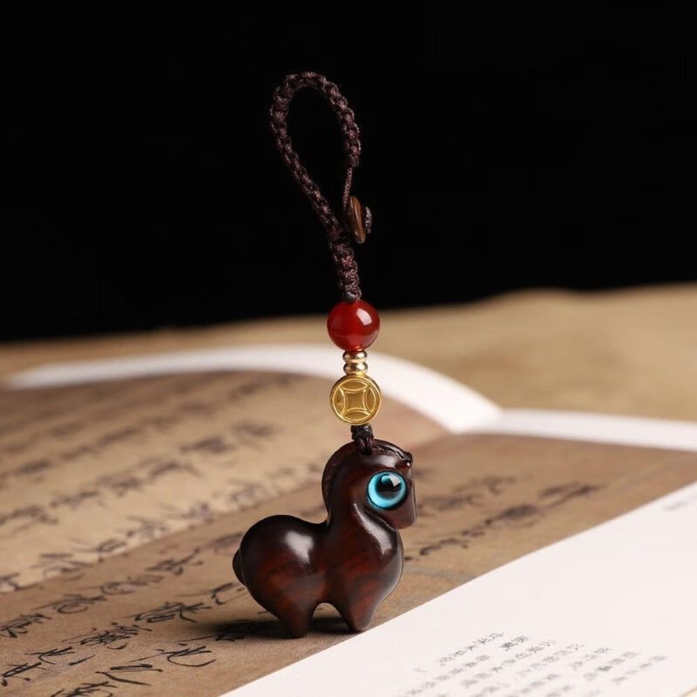 Pendentif de Sac Dessin Animé Bois de Santal Style Chinois Porte-Clés Cheval Mignon Unisexe
