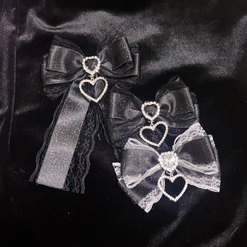 1/2Pc Heart Pendant Lace Bow Hair Clips Y2k Style Ponytail Hairpins Kawaii Gothic Hair Clips Anime