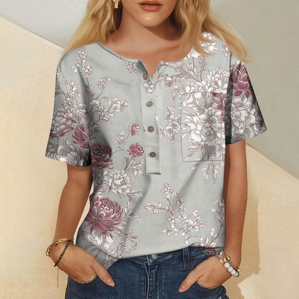 Women's Fashion Casual Short Sleeve Print Round Neck Pullover Top Blouse