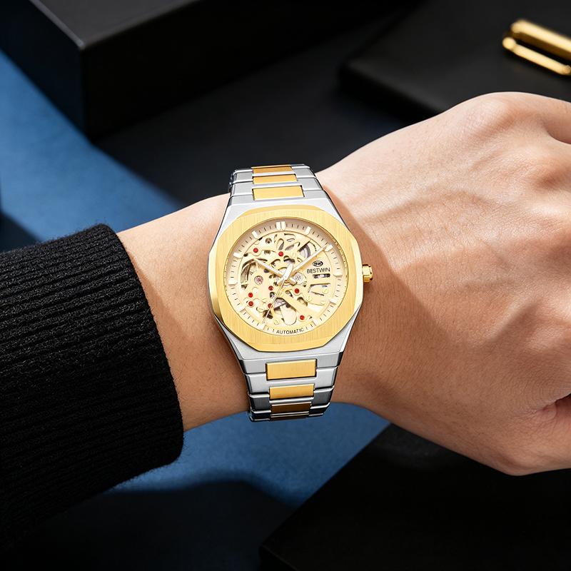 Automatic Mechanical Watches for Men Skeleton Hollow Dial Luminous Wrist Watch Steel Strap Square Case Watch Waterproof