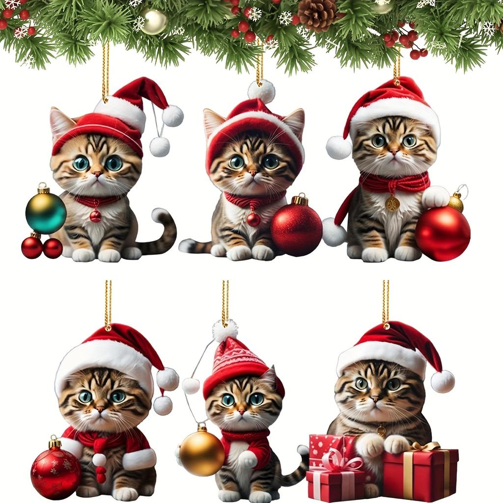 6Pcs Christmas Pendents Set Cartoon 2D Acrylic Cats Ornament with Lanyard Festive Christmas Party Pendant Home DIY Decoration