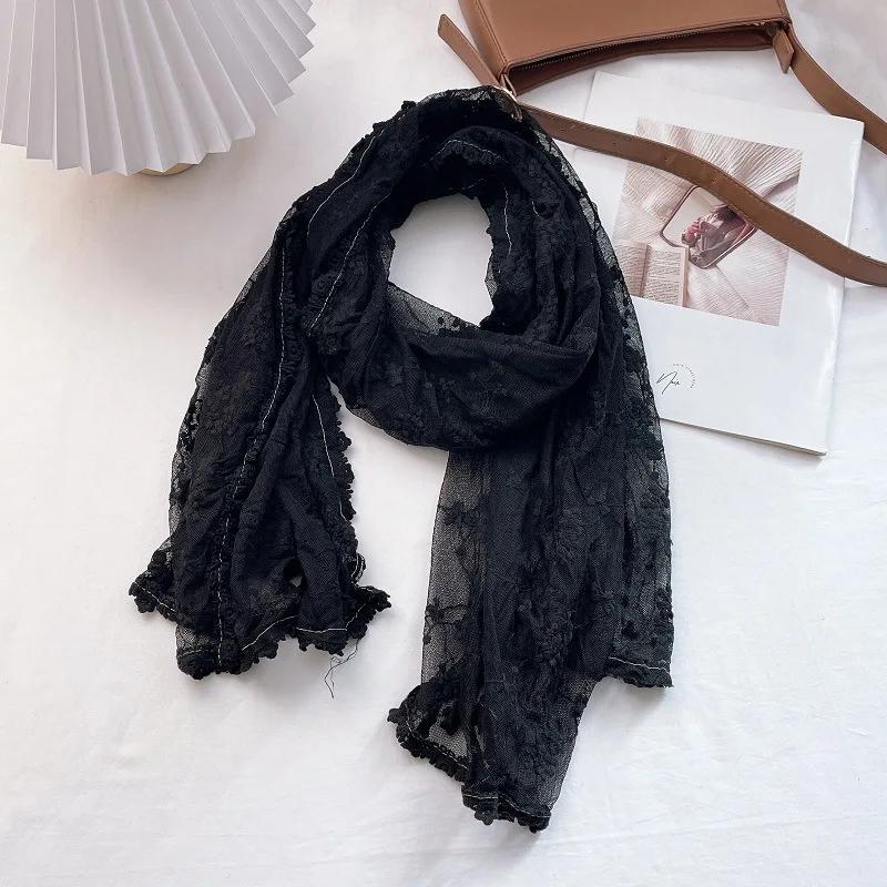 VREOVOR Vintage Hollow Lace Scarf Women's Shawl Silk Transparent White Gauze Embroidered Thin Cotton and Linen Spring and Autumn