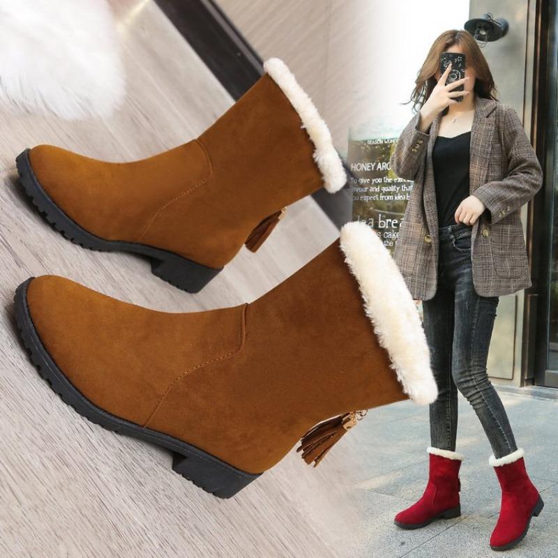 Winter rough bottom velvet warm medium boots women's wish fashion simple suede fringed snow boots