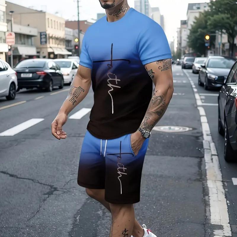 Gradient Men's Suit Casual New Short Sleeve With Shorts 3d Letter Faith Printed T-Shirt And Drawstring  Shorts 2-Piece Sets