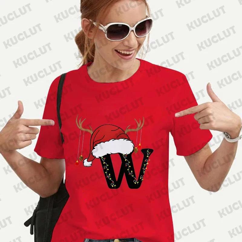 T-shirt Stampata con l'Alfabeto di Natale Moda Donna Regalo Buon Natale per Abbigliamento Femminile Magliette Casual a Manica Corta Harajuku