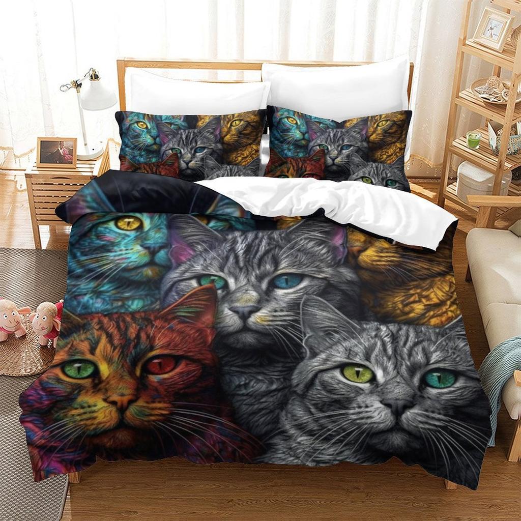 Colorful Cat 3D Digital Printing Polyester Quilt Cover Two Or Three Pieces Can Be