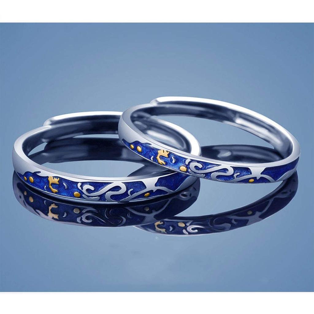 Matching Popular One Size Fits and Matching Set of Hawaiian Wedding Popular Couple Blue Starry Sky Eternal Engagement Silver 925 Ring Finish [Rockyu]