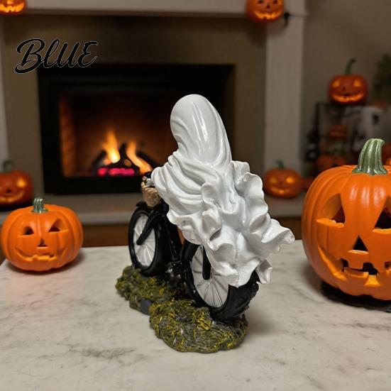 Detailed Resin Ghost Figurine Halloween Riding Motorcycle Figurine Novelty Rider Artistic Craft Statue with Pumpkin for Indoor Home Desk Tabletop