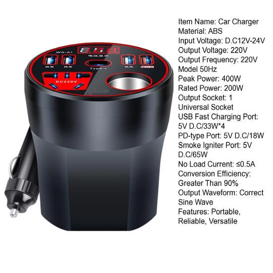 200W Měnič napětí do auta 4 USB 1 port typu C se zásuvkou AC 12V na 220V Rychlonabíjecí konvertor pro notebooky telefony