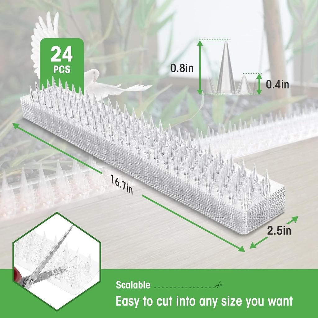 Upgraded 24 Pack Clear PVC Bird Spikes Strips Long Paired with Short Spikes Provide Narrow Gaps To Block Birds from Perching and Repel Birds Pigeon