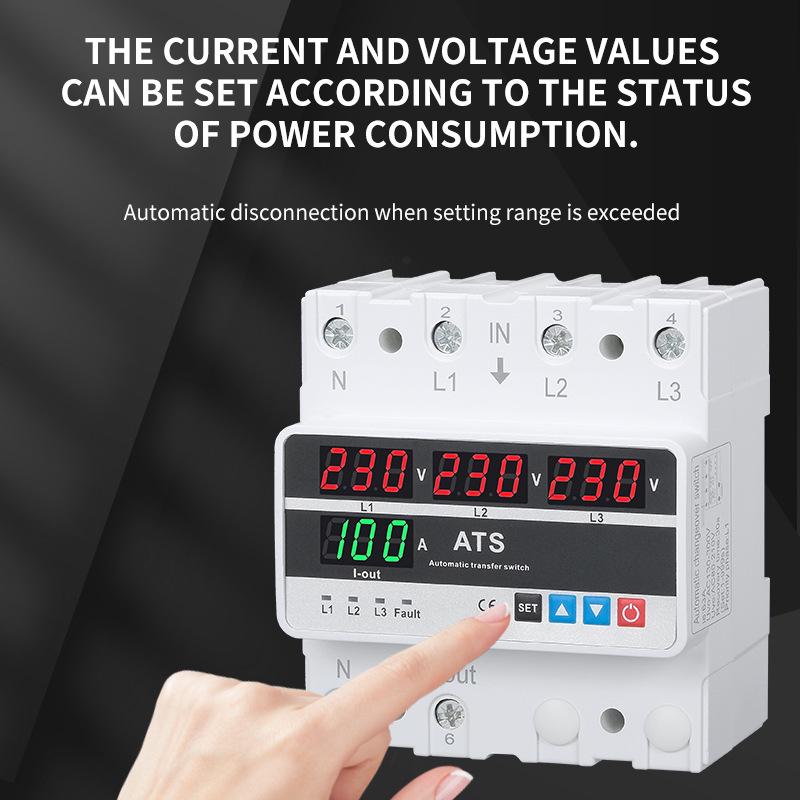 Three-Phase Over/Under Voltage Protector with ATS, 63A/80A/100A, 4-Display