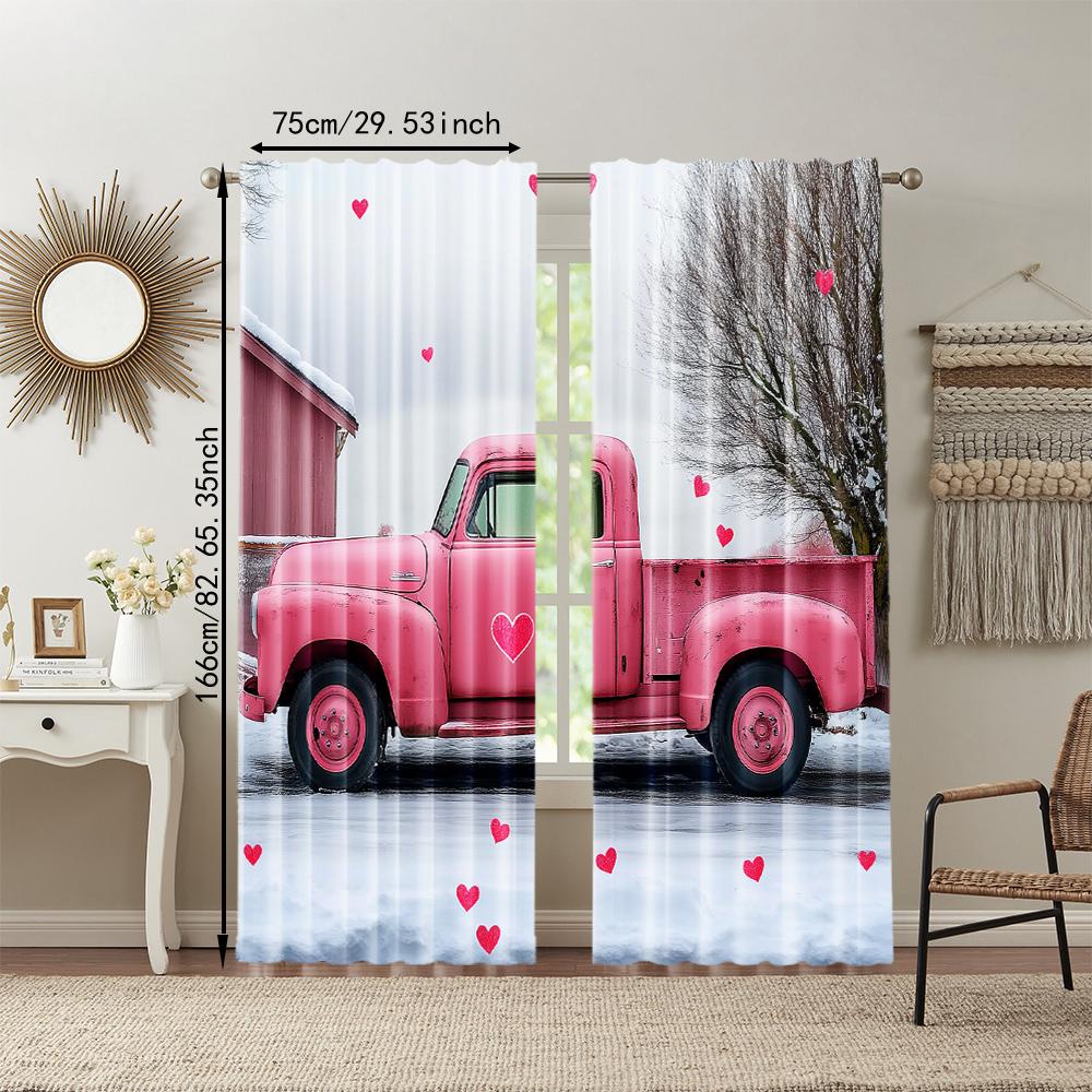2 pcs   versatile polyester transparent curtains for home decoration Vintage Pink Truck for use in bedrooms and living rooms