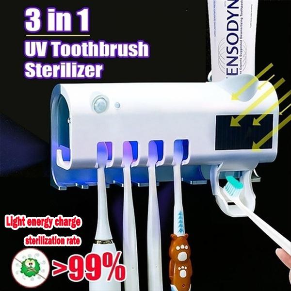 Stérilisateur de brosse à dents 3 en 1 à lumière UV, distributeur automatique de dentifrice, support de brosse à dents intelligent, organisateur de dentifrice, ensemble de salle de bain solaire