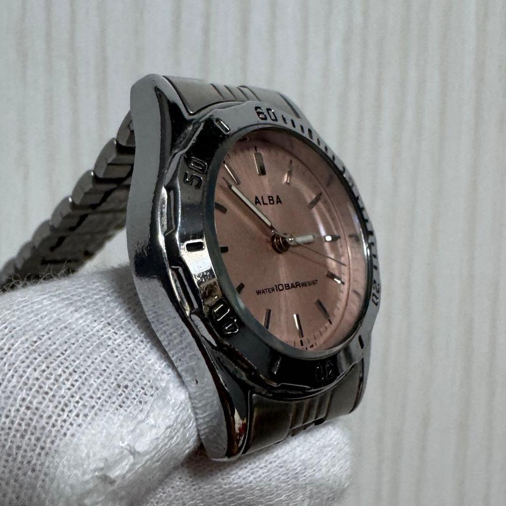 Used SEIKO ALBA Quartz Working Battery Replaced Silver Pink Dial Watch