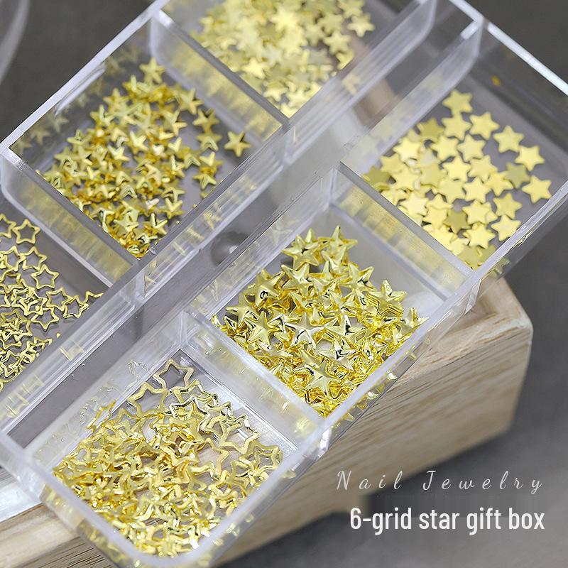 Kreuz Stern Nieten Nagelkunst Set: 6-Fächer-Box mit Gold- und Silber-Metallstickern für vielseitige Nageldekoration