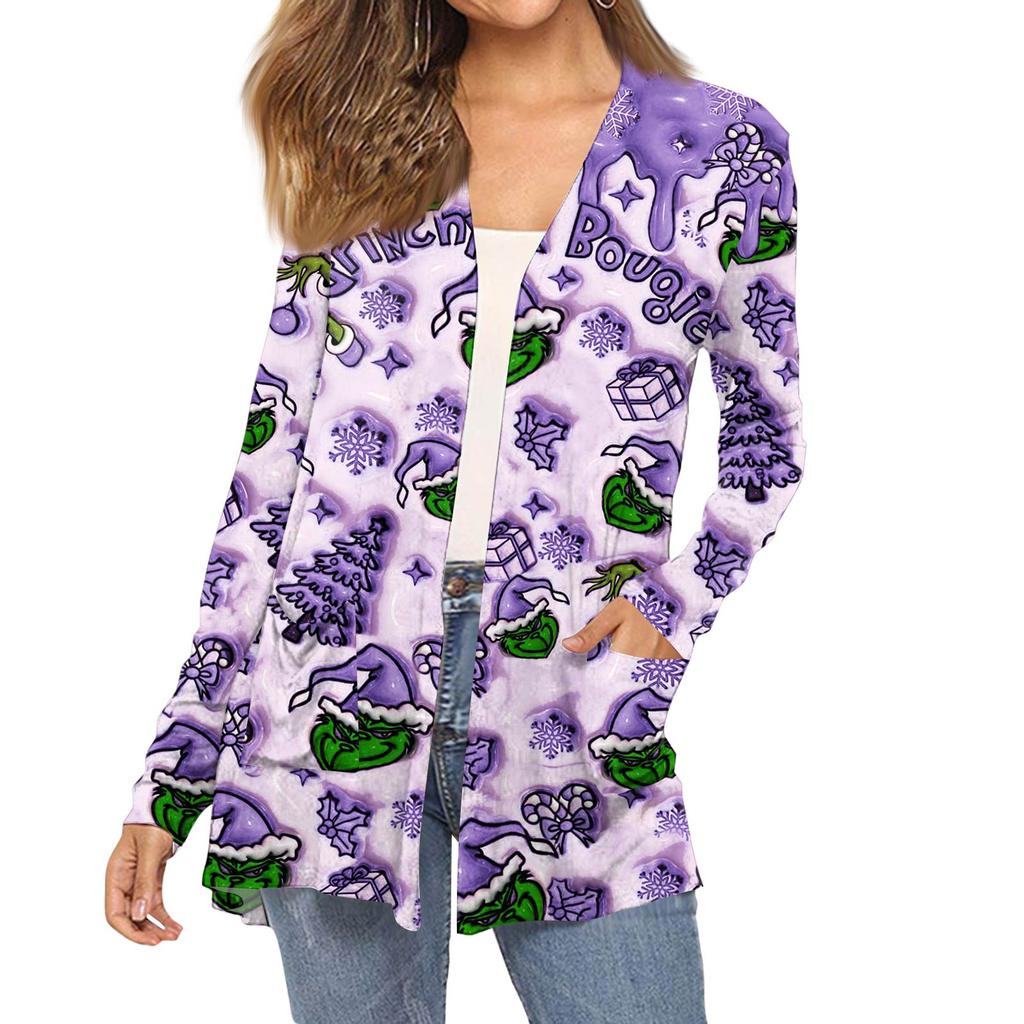 Women's Fashion Christmas Print Long-Sleeved Pocketed Slim-Fit Cardigan Coat