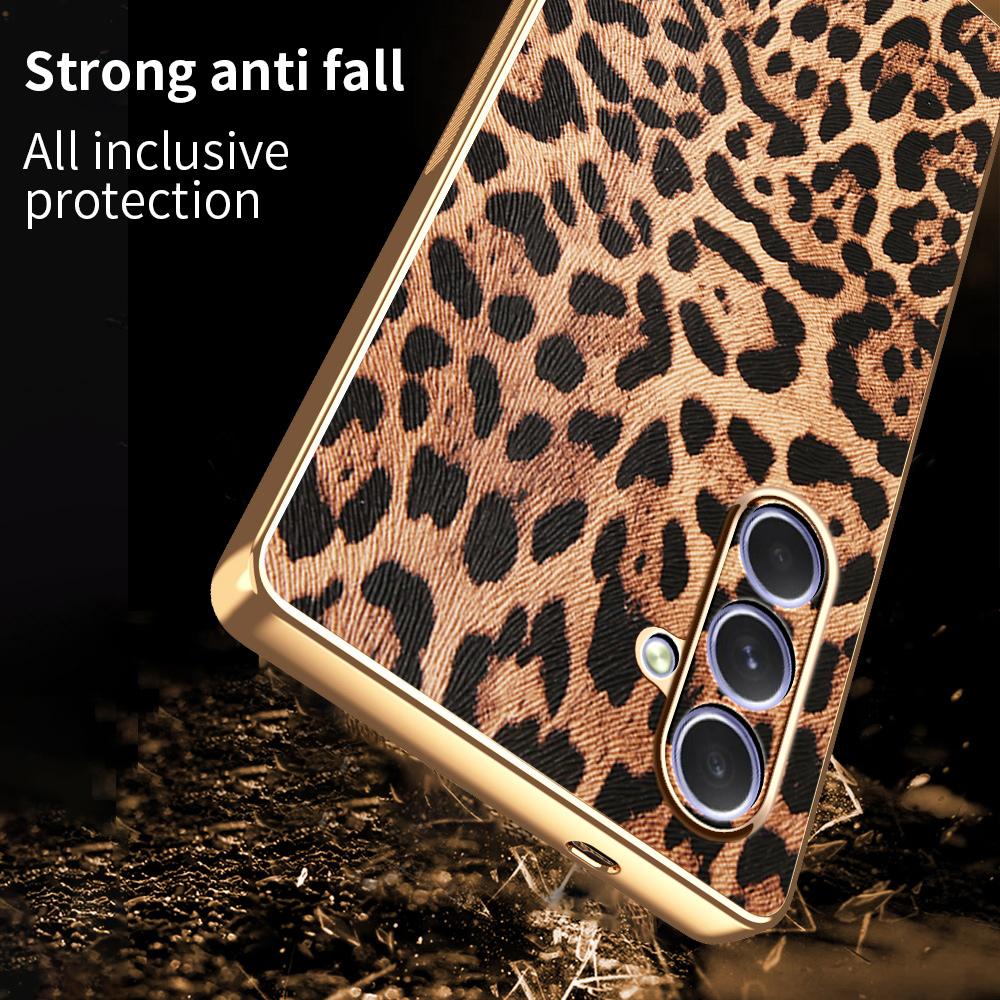 For Samsung Galaxy A54 5G Case Leopard Print PU Leather Coated PC + TPU Electroplating Phone Cover
