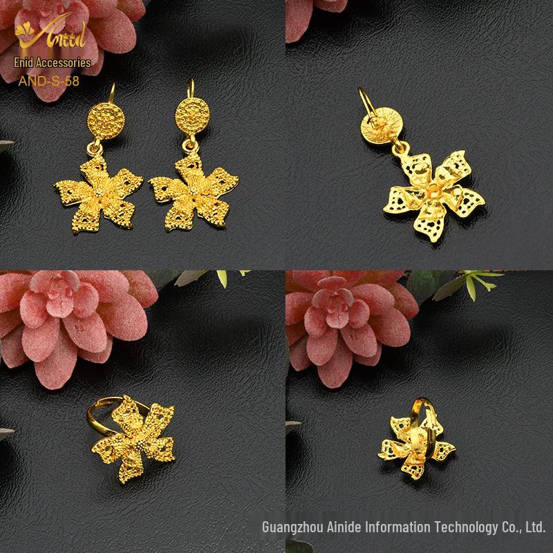 24K Dubai Gold Bridal Jewelry Set: Necklace, Bracelet, Earrings, Ring for African Women