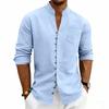 Men's Casual Linen Shirt Mandarin Collar Long Sleeve Button Down Loose Breathable Blouse Solid Color Summer Beach Vacation Daily Wear Tops Men