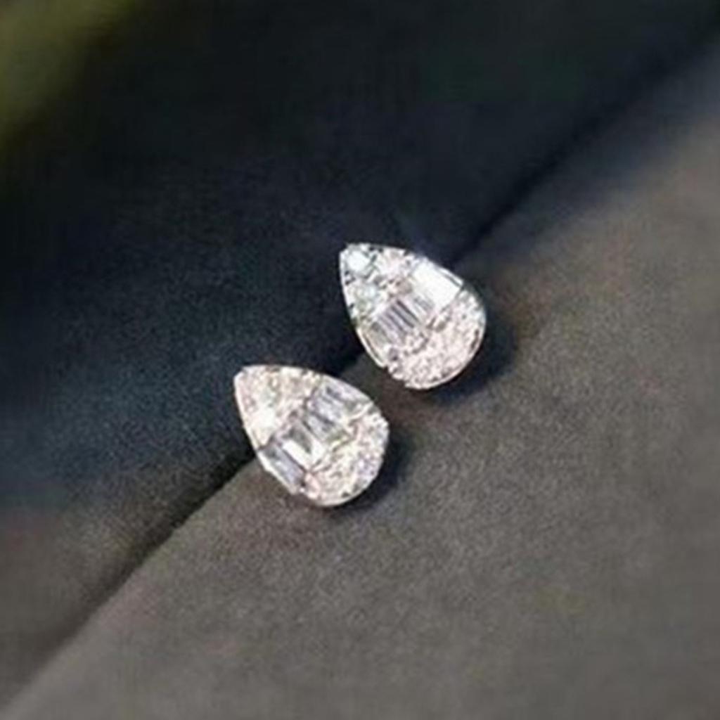 Teardrop Shape Mixed Round and Baguette Stone Halo Stud Earrings Two Tone Option Women Ear Jewelry