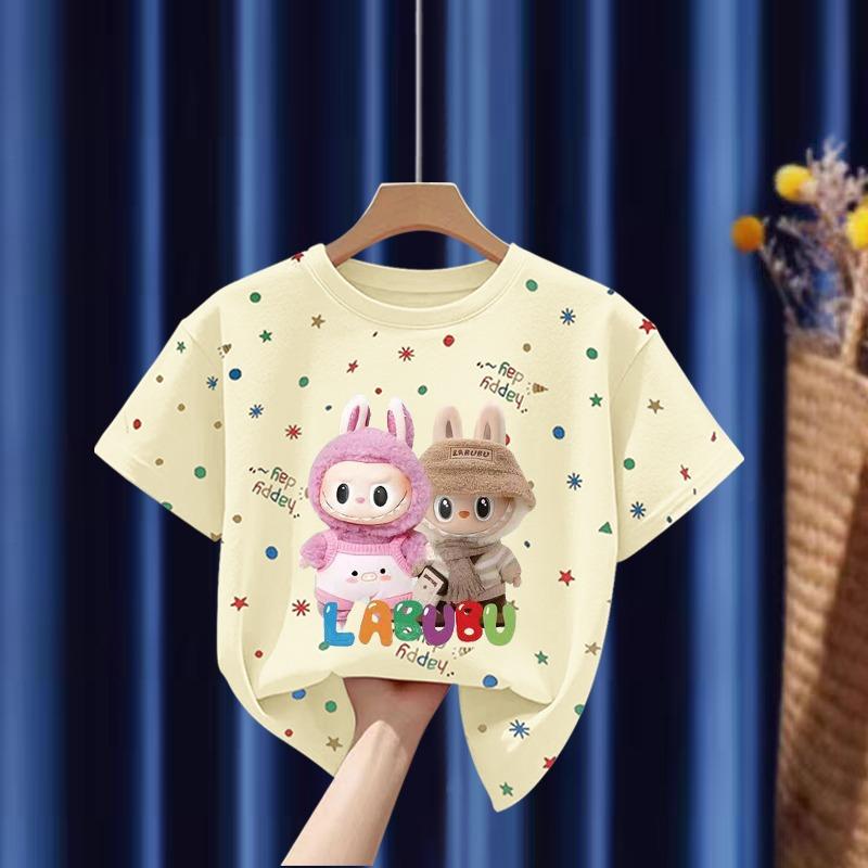 

Кавайная мультяшная футболка с принтом Labubu для детей и взрослых, летняя женская и мужская повседневная уличная футболка с коротким рукавом, топ-пуловер 140