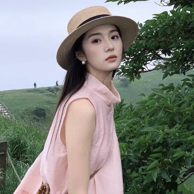New French Flat-top Straw Hat Women's Big Head Circumference Seaside Beach Top Hat Woven Sun Hat Summer