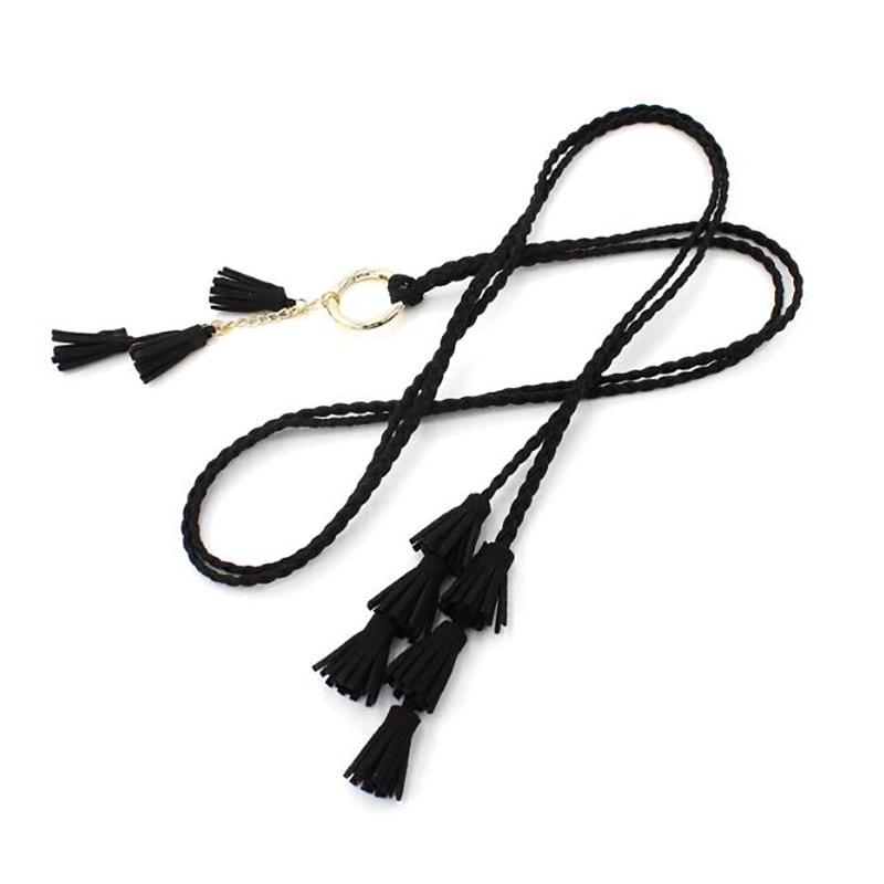 Boho Braided Tassel Belt 1pc Solid Color Decorated Three Layers Tassels