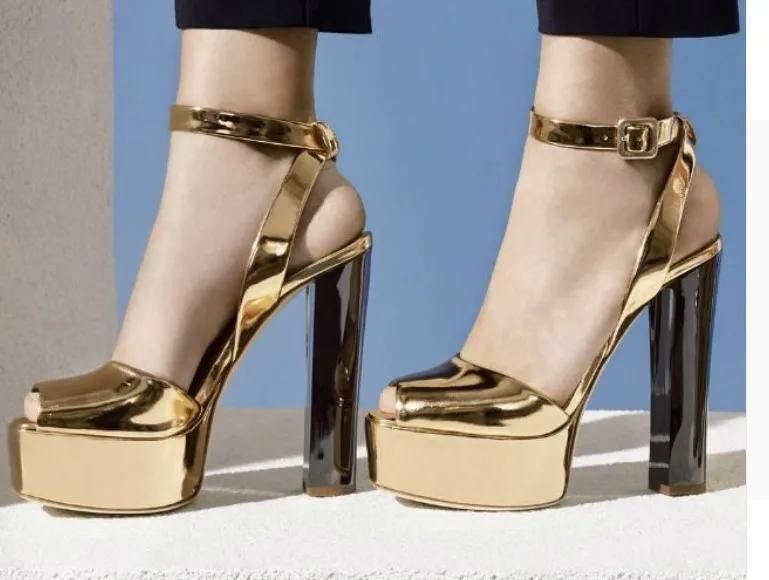 Fashion Peep Toe Platform Women Sandals Chunky Heel Patent Leather Large Size High Heels Summer Fashion Ankle Strap Shallow Sandals