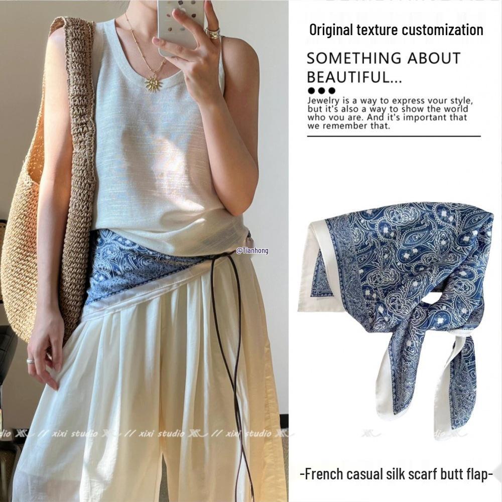 Navy Blue Paisley Silk Triangle Scarf - Waist Tie Summer Accessory