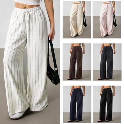 Women Striped Drawstring Waist Wide Leg Pants Loose Fit Casual Trousers