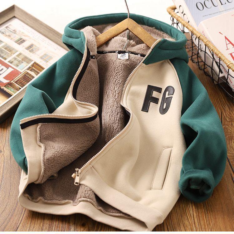 

Color Matching One-piece Fleece Hooded Sweater Cardigan Jacket 160 зелений