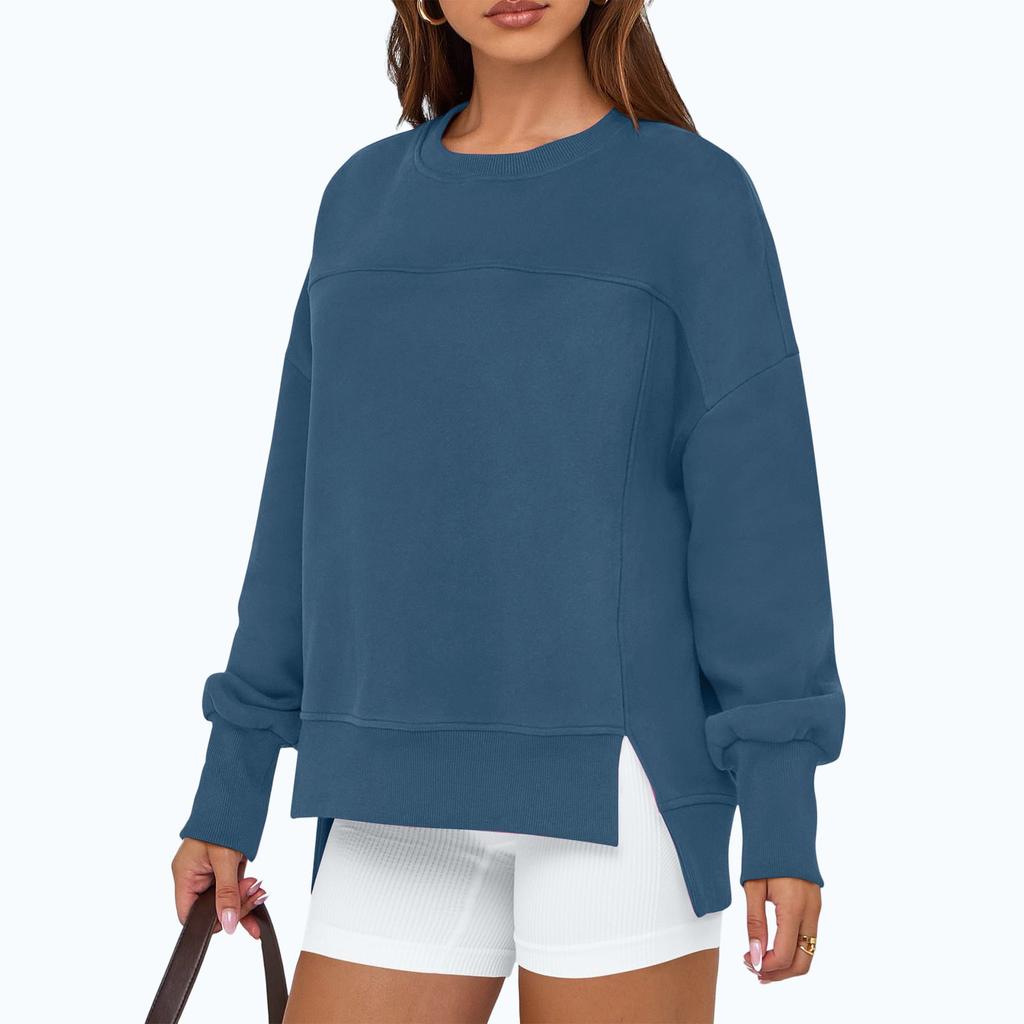 Ladies' Casual And Fashionable Solid Color Round Neck Long Sleeved Slit Loose And Comfortable Sweatshirt