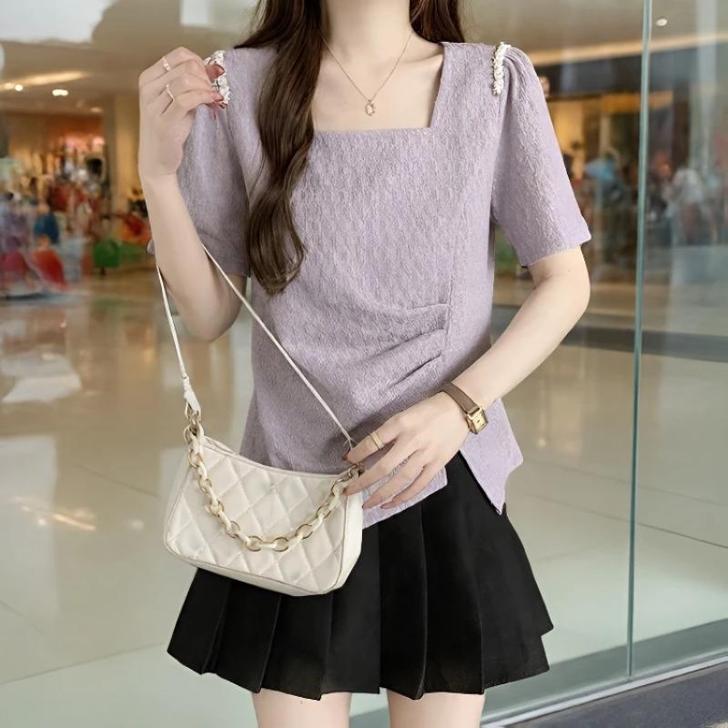 Women s Black Textured Square Neck Rhinestone Trim Short Sleeve Blouse L фиолетовый